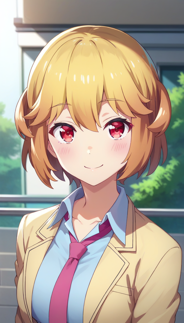 score_9,score_8_up,score_7_up,score_6_up BREAK official art,solo,outdoors,upper body,(portrait:1.5),looking at viewer,facing viewer,smile,blush,Karin Istel,short hair,blonde hair,hair flaps,hair between eyes,bangs,red eyes,collarbone,school uniform,yellow jacket,open jacket,blazer,pink necktie,collared shirt,white shirt,long sleeves,medium breasts,skindentation,miniskirt,brown skirt,pleated skirt,black pantyhose,loafers,brown footwear,<lora:Karin Istel(rf)-Pony:1.4>,