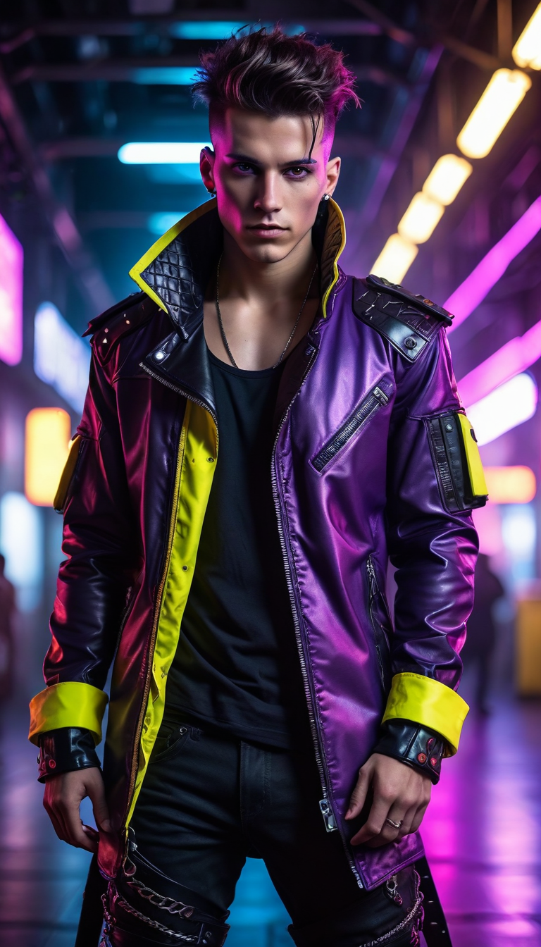 a dramatic fantasy portrait of an epic cyberpunk young male, wearing open futuristic jacket with yellow techwear trim, sporting medium length brunette punk hair, intricately detailed, iliac lines, slim thighs, perfect eyes, chiaroscuro, (red light from left, purple light from right) (perfectly-lit, crisp focus, absurdres, 8k UHD, HDR, vivid color, depth of field, contrast, clarity, balance), <lora:sdxl_lightning_8step_lora:1>
