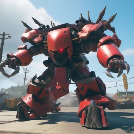Ultra-realistic extremely detailed real life 8k masterpiece of an evil red and black weathered mech of destruction with devil claws destroying a village, epic background, extremely detailed eyes mouth and facial features, breathtaking epic lighting, cinematic composition, sakura wars style <lora:sakura wars style:1>