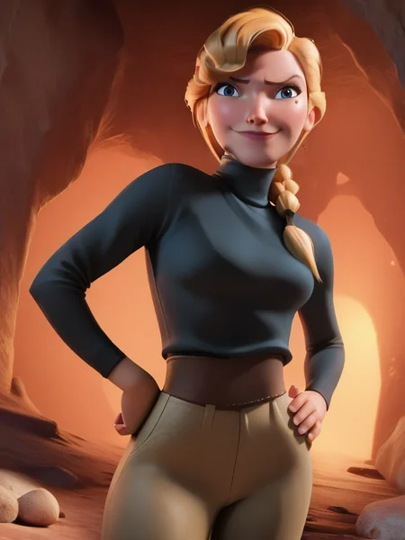 score_9, score_8_up, score_7_up, 1girl, hands on hips, leaning forward, evil smile, cavern, rocks, detailed background, detailed background, looking at viewer, smile, cowboy shot, (dynamic pose:1.1), dynamic angle, from below, closed mouth,
<lora:HelgaSinclair_character:1>,HelgaXLP, blue eyes, blonde hair, single braid, mole under eye, black turtleneck sweater, belt, brown pants, <lora:DisneyStudios_style:0.8> DisneyStyleXLP, cartoon, cute, cinematic,