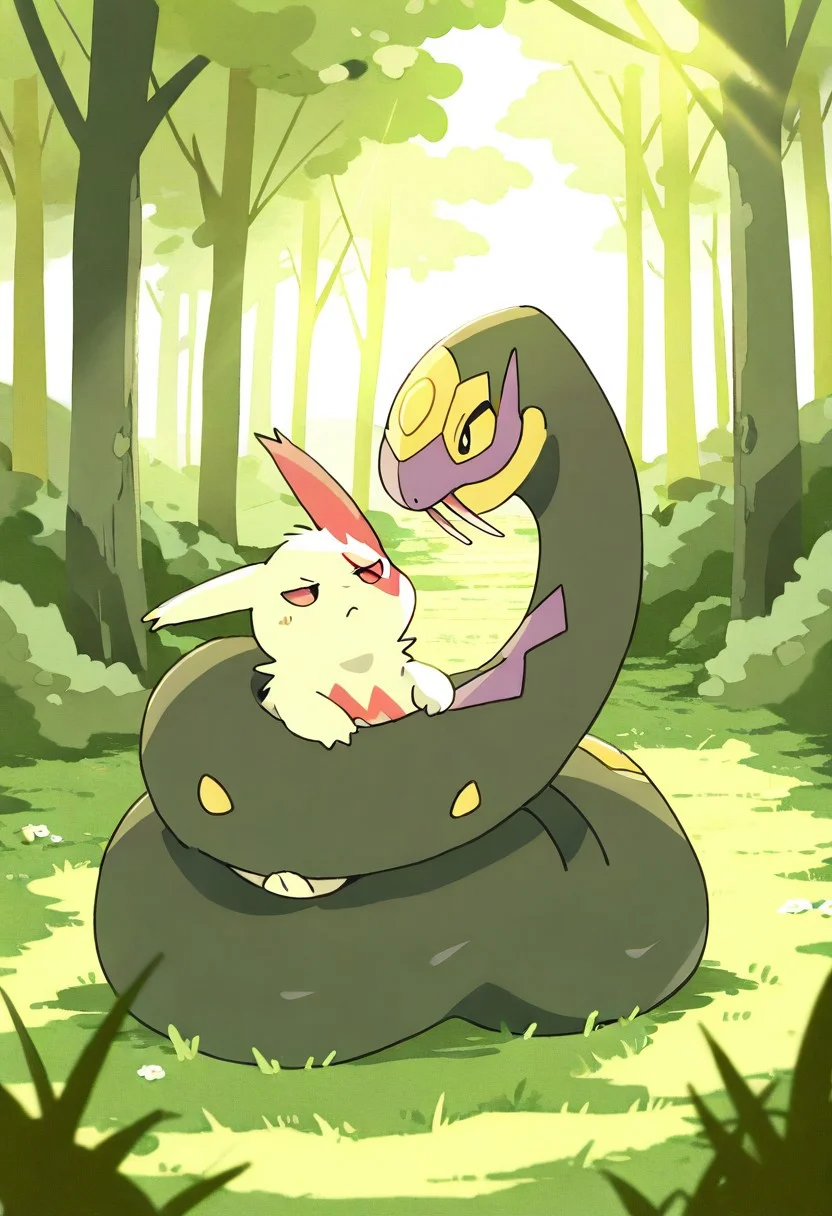 (masterpiece, best quality, high quality, highres), very awa, highres, absurdres,
chii-kun \(seedyoulater\), naguru \(cyoroama\), 
(no humans:1.1), (cute:1.2), comfy, duo, 
pokemon, pokemon \(species\),
Zangoose bound by snake, wraped,
cosy, meadow, forest, day, sunlight, sun rays,