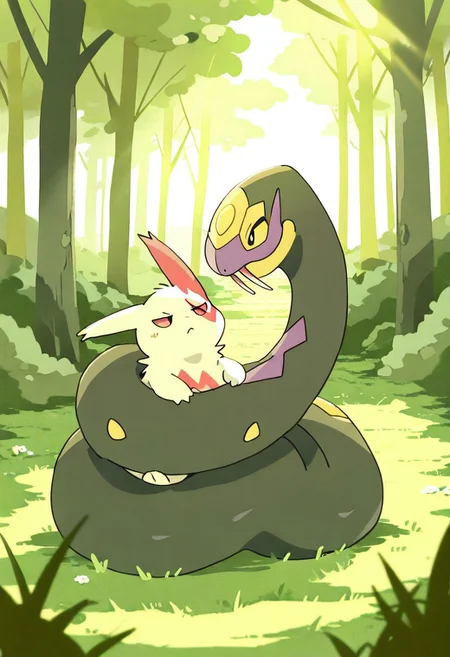 (masterpiece, best quality, high quality, highres), very awa, highres, absurdres,
chii-kun \(seedyoulater\), naguru \(cyoroama\),
(no humans:1.1), (cute:1.2), comfy, duo,
pokemon, pokemon \(species\),
Zangoose bound by snake, wraped,
cosy, meadow, forest, day, sunlight, sun rays,