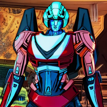 ArceeROTB, autobot, animation, transformers, 1girl, solo, red and white body, mechanical parts, robot, helmet-like head, robotic face, glowing blue optics, wheels on back, ducati printed on right leg, autobot forehead symbol, fairing-like chest, blue eyes, narrow waist