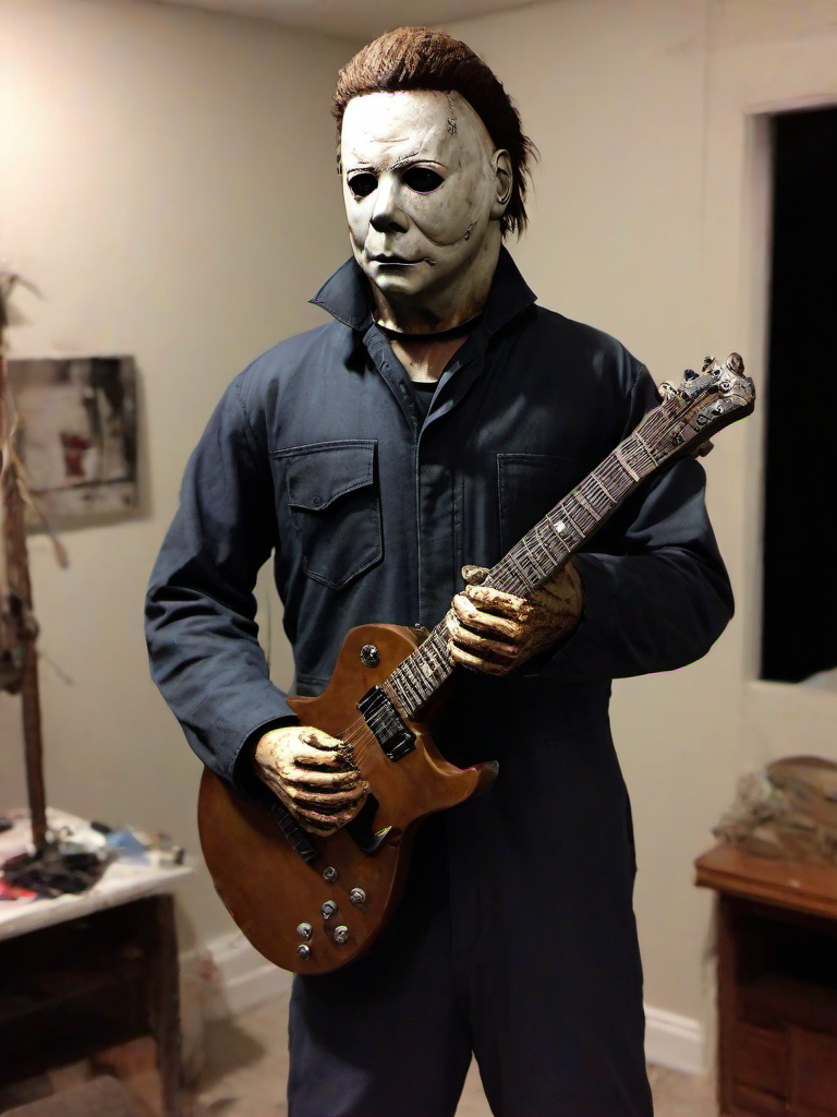 Masterpice,High Quality,
 <lora:PE_Michael Myers:0.8> PEMichaelMyers,
holding a guitar,plying metal music