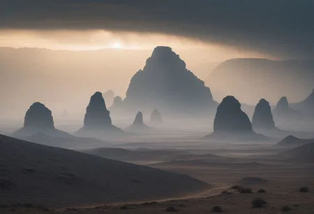 A vast caravan migrates through a barren desert valley, leading to a colossal weathered plain under a hazy sky, stony grays, a dense gray mist clogs the air with a soft ethereal glow,