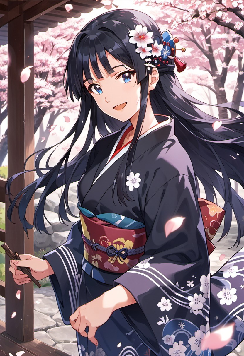 score_9, score_8_up, score_7_up, source_anime, mogami shizuka, long hair, blue eyes, black hair, 1girl, japanese clothes, kimono, cherry blossoms, hair ornament, solo, smile, looking at viewer, flower, open mouth, hair flower, petals