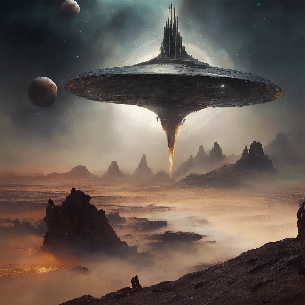 Retro-futuristic spaceship soaring through deep space, metallic surfaces reflecting bold, dull metallic paints, painterly textures, distant planets, and dark space, hints of a dystopian atmosphere and landscapes, sharp silhouettes, a blend of high-tech and organic shapes, dramatic contrasts of light and shadow, evokes a sense of mystery and exploration, vintage sci-fi cover style