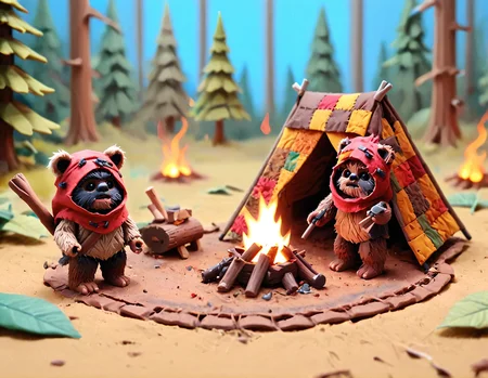 Two Ewoks trying to build a tent. Tiny campfire.
<lora:ptchkrawk:1> ptchkrawk
<lora:FigureXL:0.5> figurine
<lora:novuschroma53 style:1> novuschroma53 style
<lora:Murderbears_In_Space_SDXL:0.8> ewk