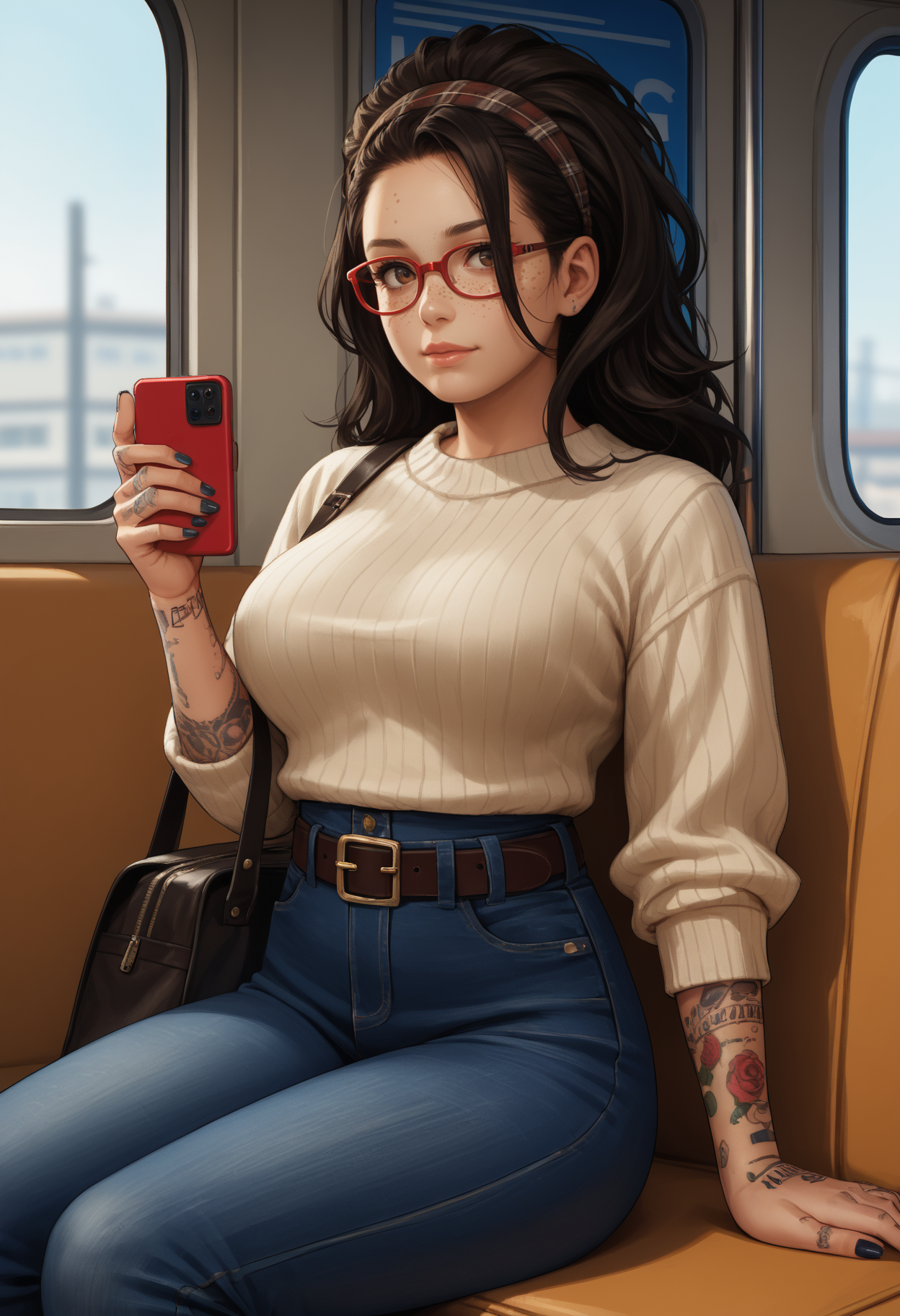 score_9, score_8_up,score_7_up, source_anime, 1girl, solo, <lora:DMCNC_pdxl_EliPot:1> Ncltt, mature female, 
black hair, long hair, brown eyes, glasses, red-framed eyewear, plaid hairband, freckles, 
arm tattoo, hand tattoo, nail polish, 
 large breasts, sweater,tight clothing,sitting,subway,looking at phone,high-waist jeans,bag,belt,