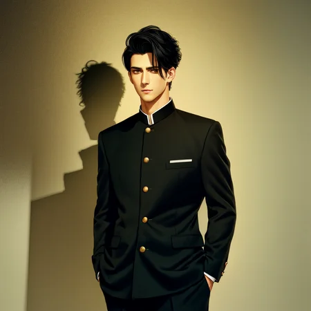 <lora:BIW:0.6>, FH, Masterpiece, best quality, sharp, contrast, realistic drawing, tall black haired man, short hair,

 <lora:Gakuran:0.75>, Gakuran, a man in a black gakuran and pants standing with his arms crossed , man wearing the gakuran, golden buttons
