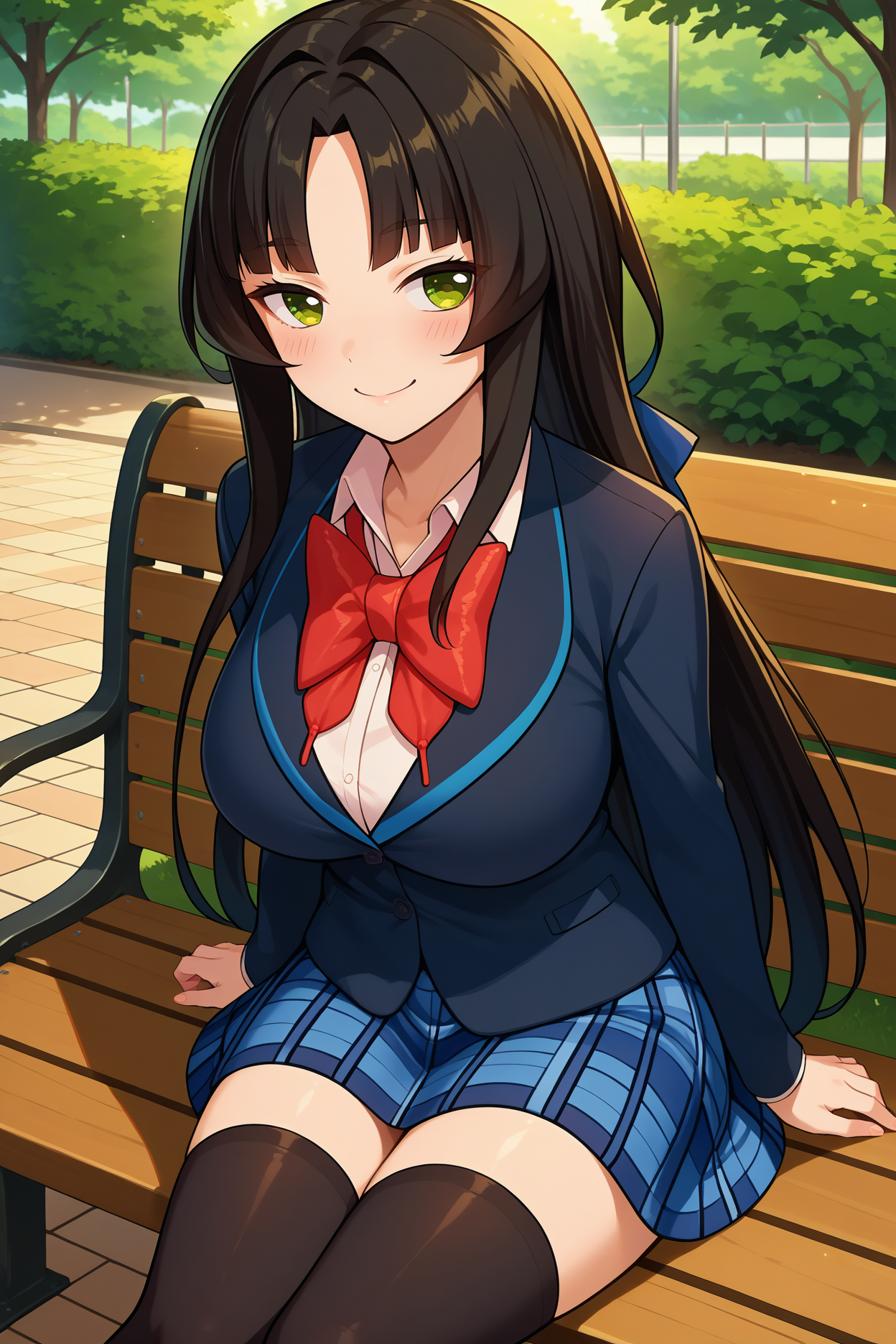 score_9, score_8_up, score_7_up, score_6_up, source_anime, 1girl, solo, <lora:enjusaionji-pdxl-nvwls-v1-000005:1> enju, black hair, long hair, parted bangs, green eyes, black blazer, red bowtie, collared shirt, plaid skirt, black thighhighs, large breasts, happy, looking at viewer, closed mouth, smile, sitting, bench, blush, park