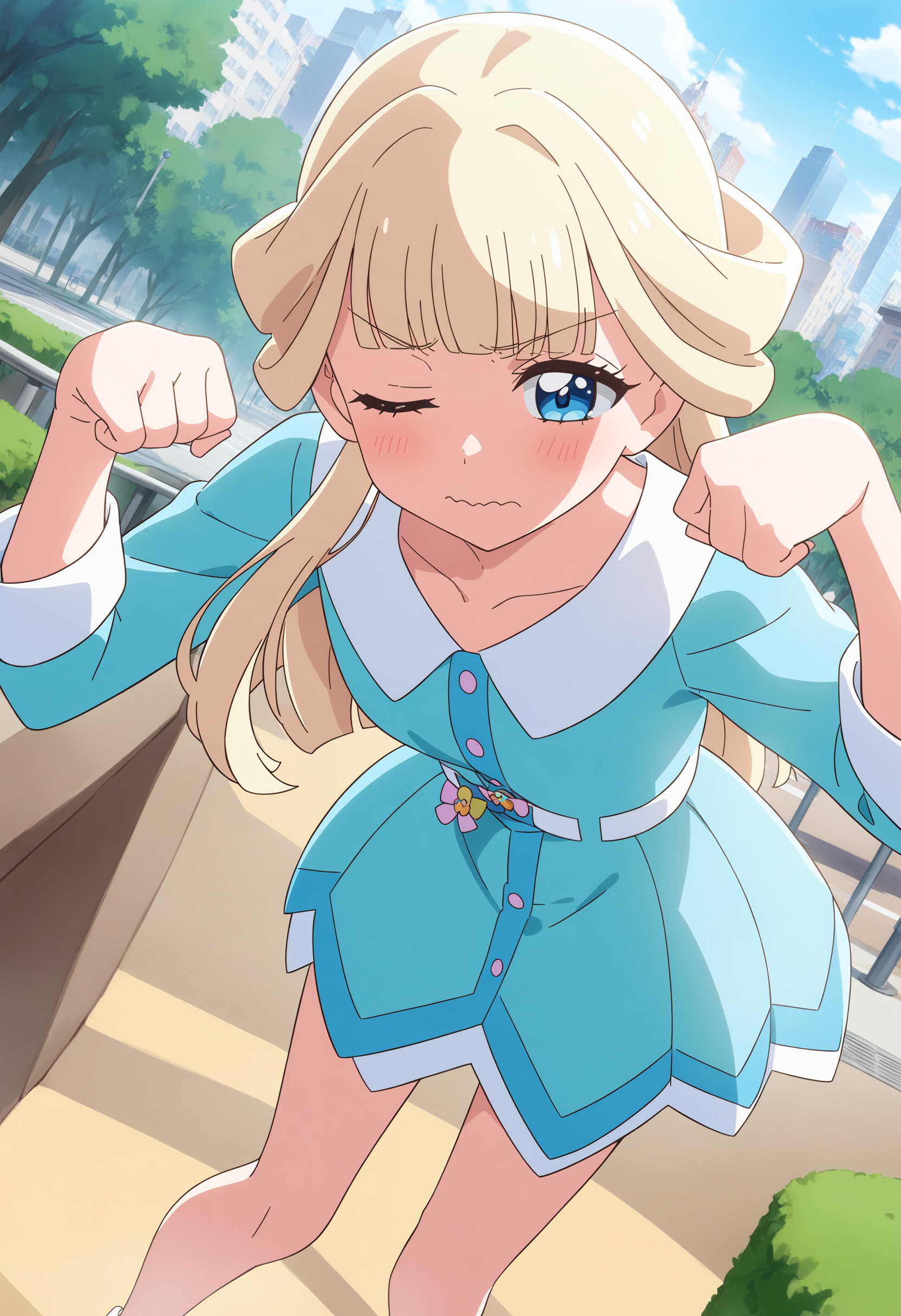 1girl, nekoyashiki yuki, wonderful precure!,solo, <lora:yuki_XL_v1:0.8>
long hair, blonde hair, blue eyes,paw pose, one eye closed,
dutch angle, feet out of frame, looking down, wavy mouth, Buenos Aires city, closed mouth,
masterpiece,best quality, very aesthetic, absurdres