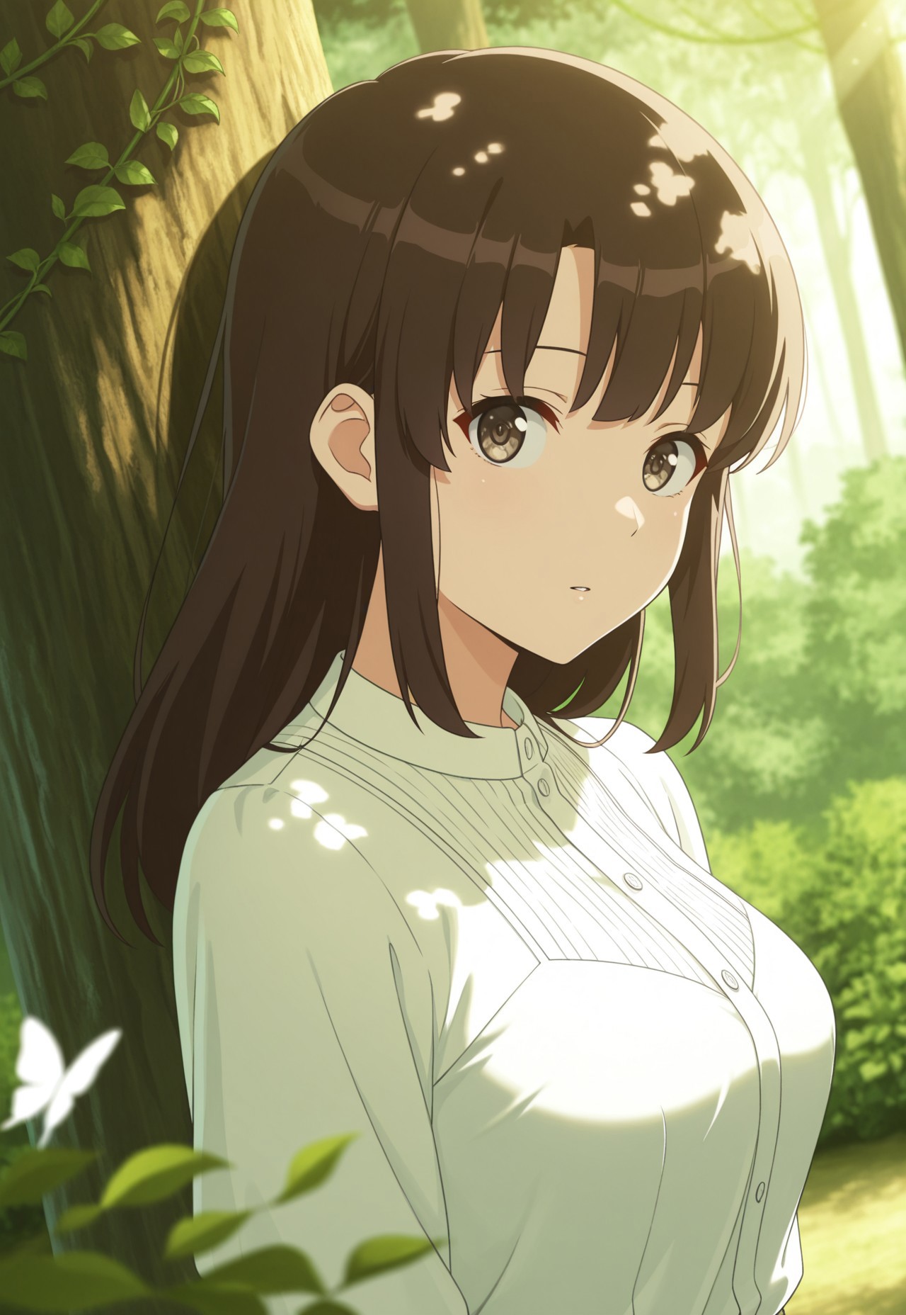 safe_pos, masterpiece, best quality, amazing quality, very aesthetic, high resolution, ultra-detailed, absurdres, newest, scenery, (dappled sunlight:1.2), rim light, backlit, dramatic shadow, 1girl,Megumi <lora:IL-KatoMegumi:0.8>,brown hair,katou megumi,brown eyes,medium breasts, long hair ,medium breasts, white dress, forest, flowers, white butterfly, looking at viewer, leaning side against tree, vines, green, arms, upper body, close-up, dutch angle, shiny skin, BREAK, eyes, dramatic shadow, depth of field, detailed eyes and skin, detailed hair, vignetting, masterpiece, best quality, amazing quality, very aesthetic, high resolution, ultra-detailed, absurdres, newest, scenery, volumetric lighting, ((eye fix))