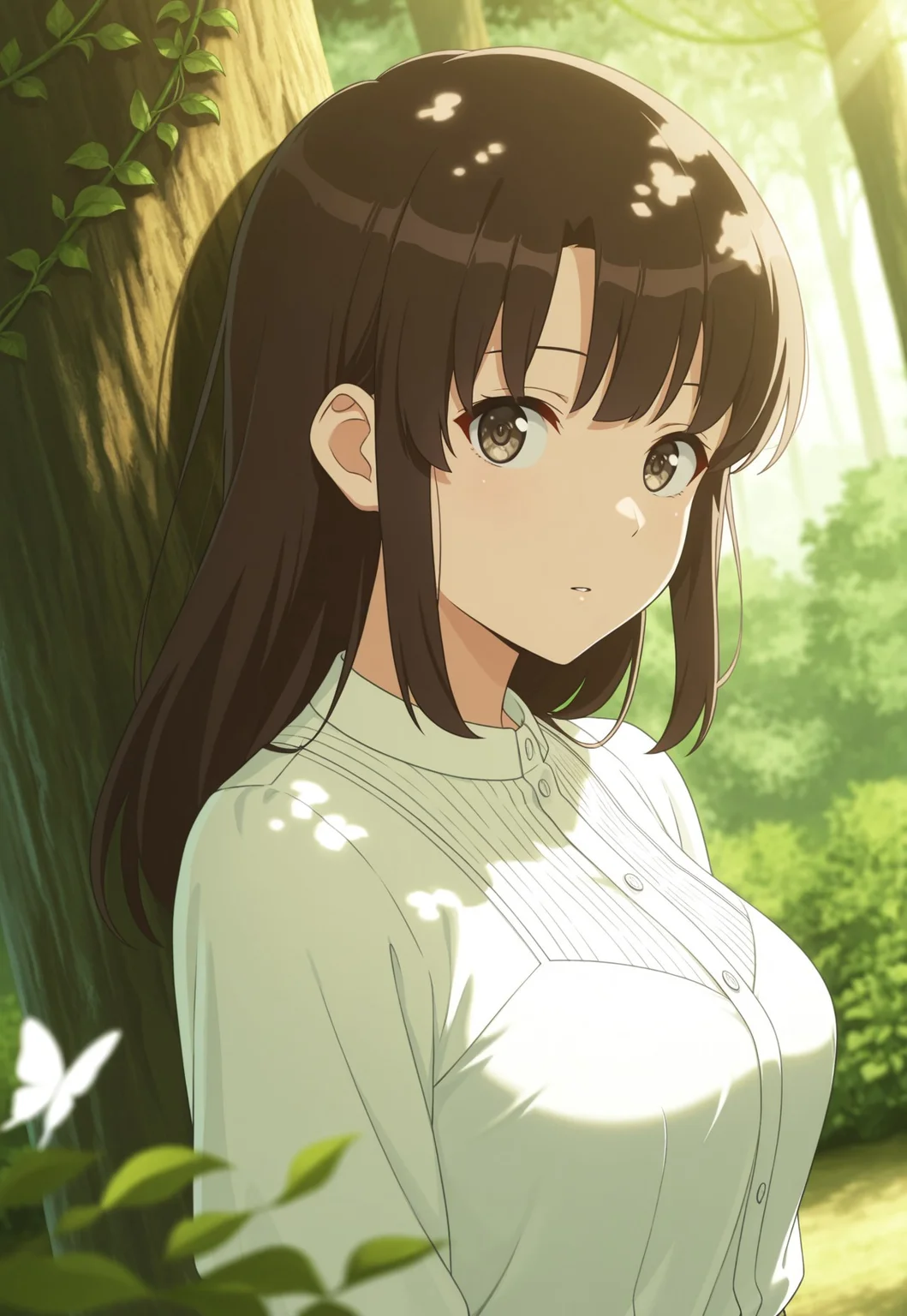 safe_pos, masterpiece, best quality, amazing quality, very aesthetic, high resolution, ultra-detailed, absurdres, newest, scenery, (dappled sunlight:1.2), rim light, backlit, dramatic shadow, 1girl,Megumi <lora:IL-KatoMegumi:0.8>,brown hair,katou megumi,brown eyes,medium breasts, long hair ,medium breasts, white dress, forest, flowers, white butterfly, looking at viewer, leaning side against tree, vines, green, arms, upper body, close-up, dutch angle, shiny skin, BREAK, eyes, dramatic shadow, depth of field, detailed eyes and skin, detailed hair, vignetting, masterpiece, best quality, amazing quality, very aesthetic, high resolution, ultra-detailed, absurdres, newest, scenery, volumetric lighting, ((eye fix))