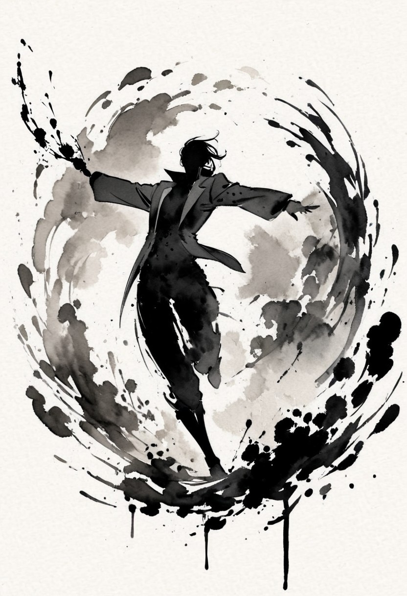 (best quality), watercolor style, ink splashes, silhouette art, Cyberpunk executive in a fancy black suit with subtle gold accents. ultra highres, absurdres, ink-painting, ink wash,, ink wash painting,, white background,, SLPASHTER_3-7000, zavy-slhtt, black silhouette, monochrome