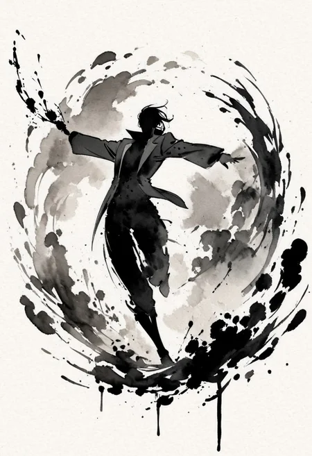 (best quality), watercolor style, ink splashes, silhouette art, Cyberpunk executive in a fancy black suit with subtle gold accents. ultra highres, absurdres, ink-painting, ink wash,, ink wash painting,, white background,, SLPASHTER_3-7000, zavy-slhtt, black silhouette, monochrome