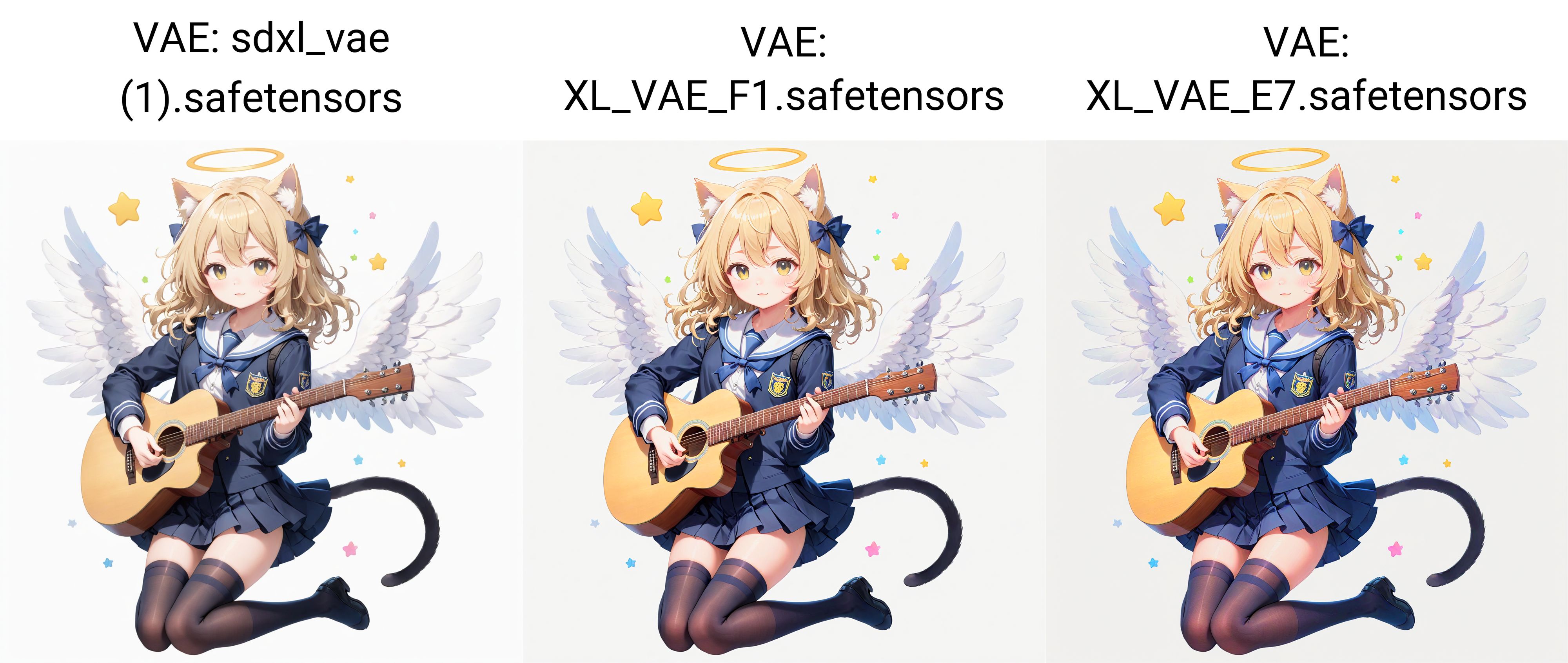 white background,semilong wavy blonde hair,angel wing,Angel Halo,full body,(school uniform:1.2),black thighhighs,cute,cat ears, white background,play the guitar