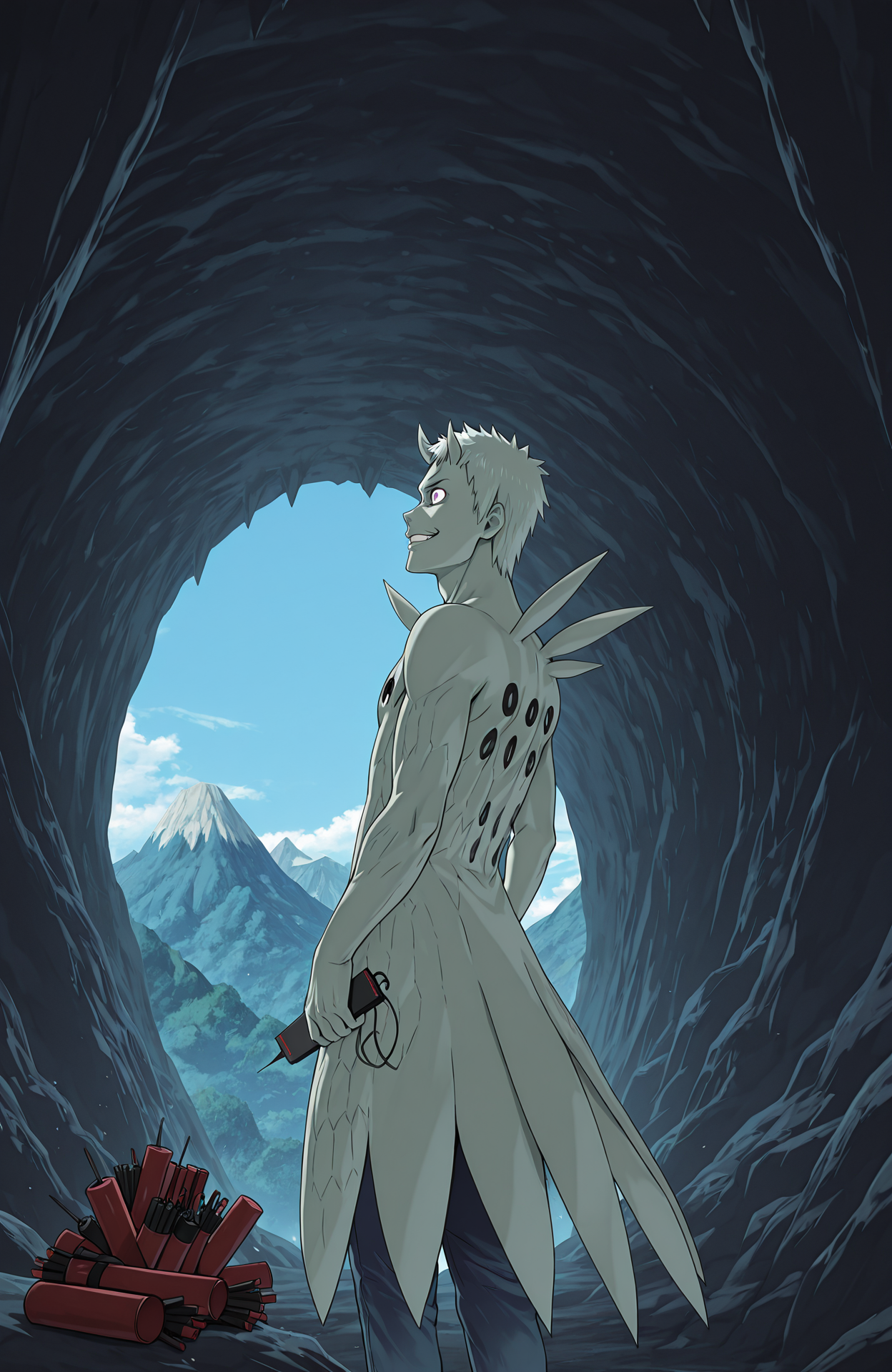 from behind, from side, wide shot, evil grin, wide-eyed, jeans, outdoors, mountain, cave, dynamite, detonator, blue sky, r50_ob1t0, rinnegan, sharingan, 
masterpiece, best quality,
<lora:Juubito_X6E13:1.0>