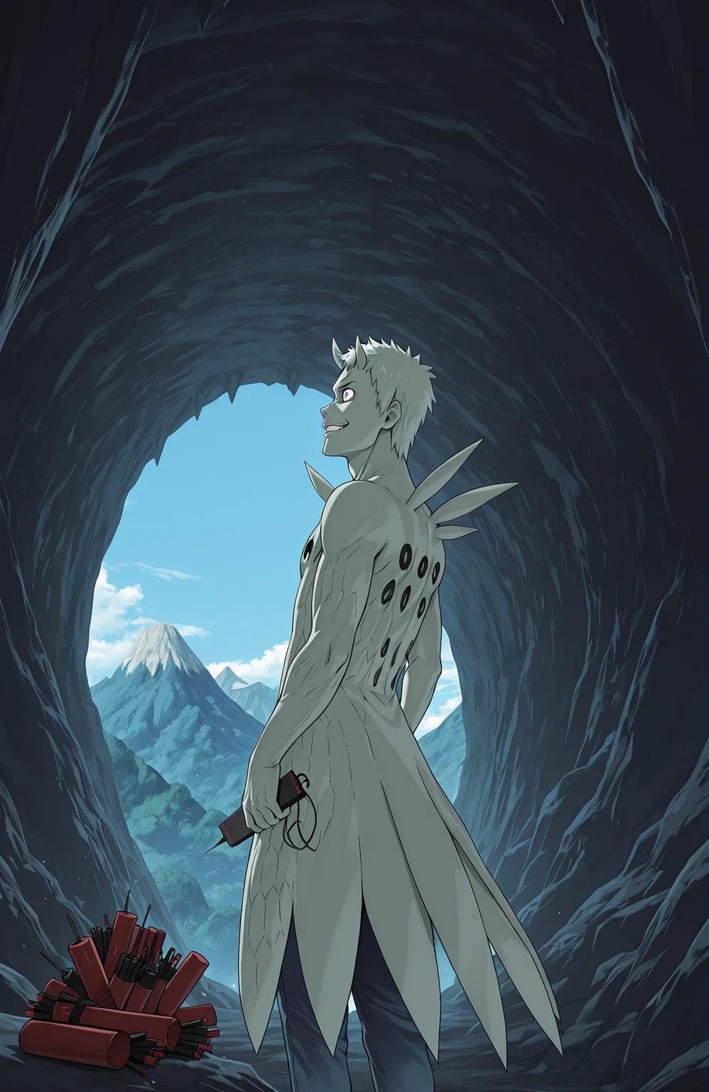 from behind, from side, wide shot, evil grin, wide-eyed, jeans, outdoors, mountain, cave, dynamite, detonator, blue sky, r50_ob1t0, rinnegan, sharingan,
masterpiece, best quality,
<lora:Juubito_X6E13:1.0>
