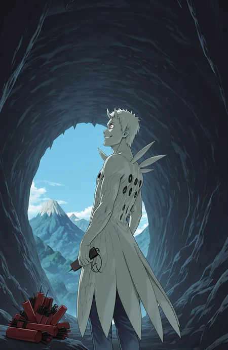 from behind, from side, wide shot, evil grin, wide-eyed, jeans, outdoors, mountain, cave, dynamite, detonator, blue sky, r50_ob1t0, rinnegan, sharingan,
masterpiece, best quality,
<lora:Juubito_X6E13:1.0>