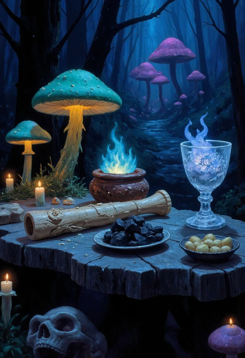 A dark wooden table covered in frost and snow is set against the backdrop of the bioluminescent Wyrmwood Forest, glowing mushrooms of green and purple sprout from the edges, atop the table rests a collection of forgotten relics: the Frostwood Flute carved from gnarled bark and wrapped in icicles, a small blackened lantern containing the Evercoal burning with ghostly blue flames, and an icy, rune-carved goblet emanating faint whispers, the style is reminiscent of Wayne Barlowe with hyper-detailed textures, a mix of earthy tones and glowing highlights, blending the organic with the arcane.
, Vibrant, grotesque, and surreal with bold contrasts, heavy black outlines, and a blend of dreamlike autumnal hues; a mix of neon, retro, and pagan elements, inspired by Sean Aaberg’s punk-infused, chaotic energy and dreamcore's eerie, nostalgic undertones
