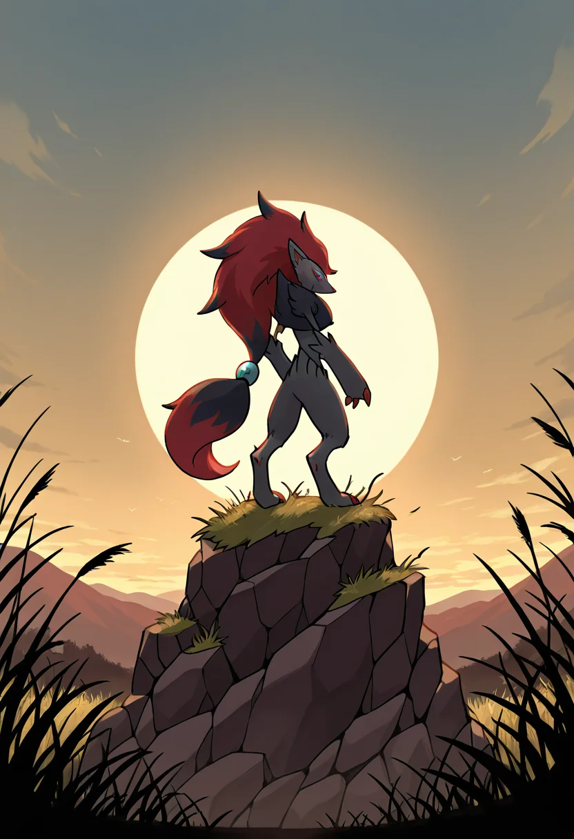 masterpiece, best quality, no humans, <lora:ZoroarkPokedex_IXL_v1:1.0>, zzZoroark, cliffside at sunset, silhouette pose, high winds, tattered grass, golden light streaking the sky â Perched on the jagged edge of a windswept cliff, zzZoroark stands tall in silhouette against the amber blaze of sunset. The wind tears at the grass and ruffles the tufts of fur around its neck as the last light glints off distant waves far below. (looking at viewer),