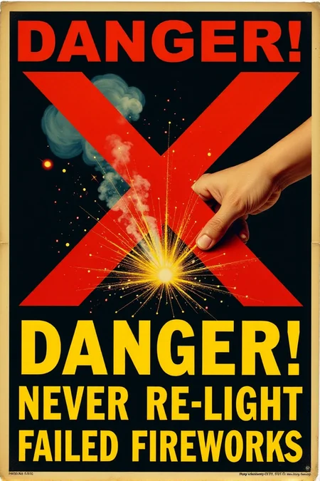 A stark, graphic vintage safety poster in shades of red, yellow, and black. It shows a hand reaching out to pick up a smoking, unexploded firework. A large, bold red "X" is superimposed over the firework. Below, in clear, blocky yellow letters: "DANGER! NEVER Re-light Failed Fireworks." Emphasize the immediate danger and the clear warning message.  <lora:REMEs_War_Poster_Style:0.95> In REME's War Poster Style,âââ