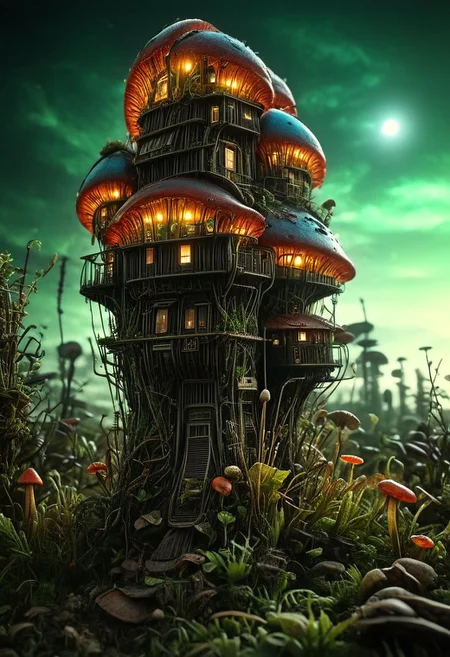 Bf-style, A translucent dark-red-green beautiful Nature mushroom House resembling a towering skyscraper with complex system equipment like a hyper detailed wired-cyborg, volumetric lighting, ultra detailed, deep Blacks, very detailed, atmospheric haze, Film grain, cinematic film still, shallow depth of field, highly detailed,