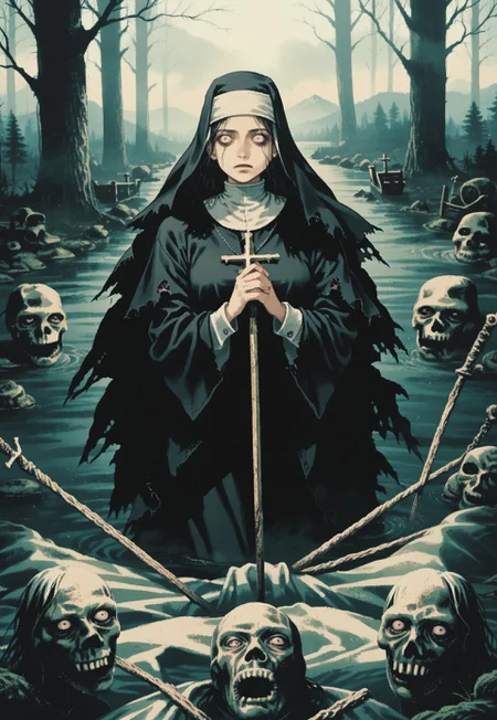 score_9, score_8_up, score_7_up, score_6_up, score_5_up, vermis style, gothic, 1girl, nun, female cleric, torn cape, armored, crazy eyes, beautiful face, ethereal beauty, traveling through stagnant water on small boat, creepy background, misty lake, thick fog, mountain, dead trees, dynamic color, dynamic background, horror \(theme\), cold tone