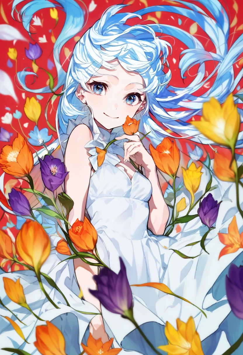 score_9, score_8_up, score_7_up, score_6_up, <lora:MikaPikaZoXL_Js2_lokr_V42310:0.95> 1girl, solo, dress, flower, long hair, blue hair, blue eyes, white dress, red background, smile, sleeveless, looking at viewer, white flower, sleeveless dress, purple flower, floating hair, orange flower, closed mouth, feet out of frame, red flower, very long hair, yellow flower, tulip, breasts, bare shoulders, small breasts, blue flower