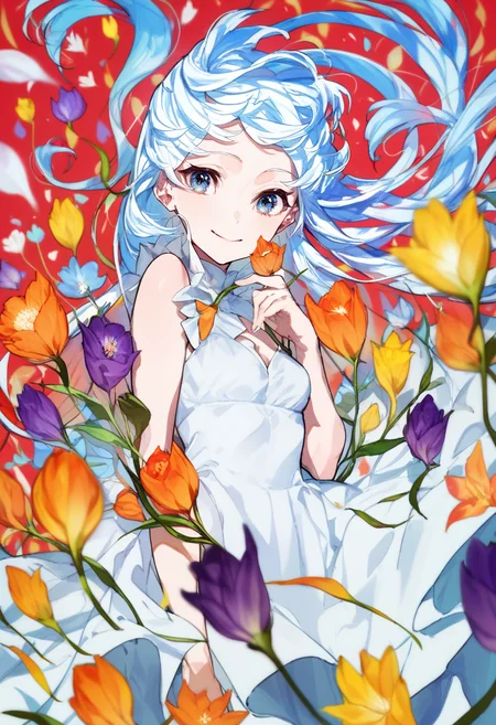 score_9, score_8_up, score_7_up, score_6_up, <lora:MikaPikaZoXL_Js2_lokr_V42310:0.95> 1girl, solo, dress, flower, long hair, blue hair, blue eyes, white dress, red background, smile, sleeveless, looking at viewer, white flower, sleeveless dress, purple flower, floating hair, orange flower, closed mouth, feet out of frame, red flower, very long hair, yellow flower, tulip, breasts, bare shoulders, small breasts, blue flower
