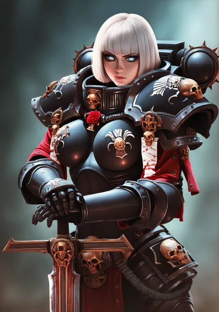 upper body,
edgAdepta, 1girl, solo,bob cut, weapon, white hair,one handed sword, lips, blood, rose, gauntlets, skull ,wearing edgAdepta,power armor,pauldrons,skull emblem, <lora:edgIllustriousXLAdeptaSororitas-000004:0.85>
very aesthetic, masterpiece, best quality, very aesthetic, highres, absurdres, sensitive