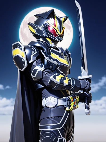 masterpiece, best quality, amazing quality, very aesthetic, absurdres, newest,, <lora:BujinTycoon:1>bujintycoon, male focus, solo, armor, weapon, sword, holding, belt, cape, holding weapon, tokusatsu, helmet, rider belt, red eyes, holding sword night full moon, from side, looking at viewer,