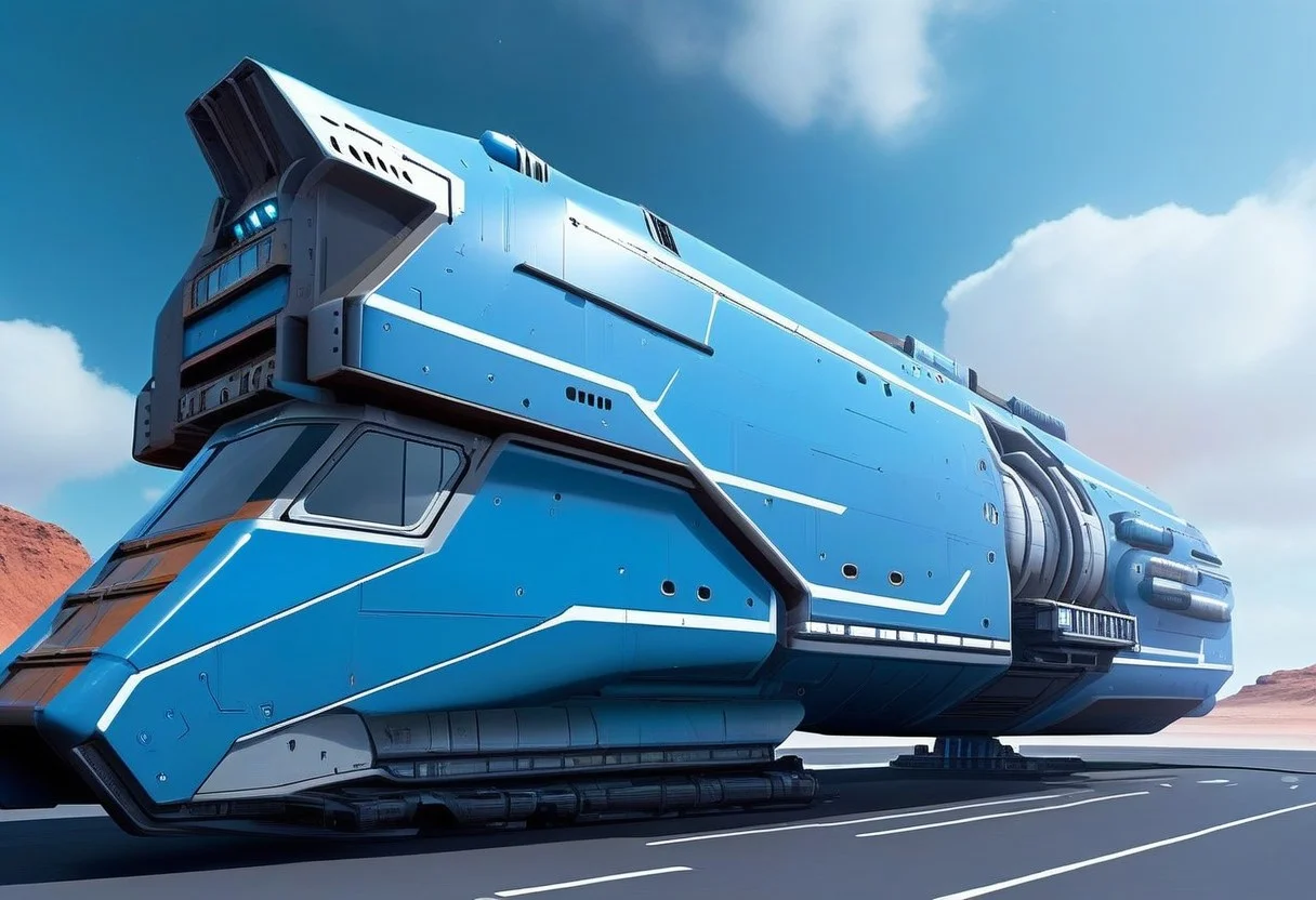 sci-fi, Futuristic, aJed-Rst, spaceport:1.3, tarmac, (Rusty spaceport buildings):1.3, (((beautiful, hyper realistic, high quality, highly detailed))), sleek blue neotech spacecraft (freighter),