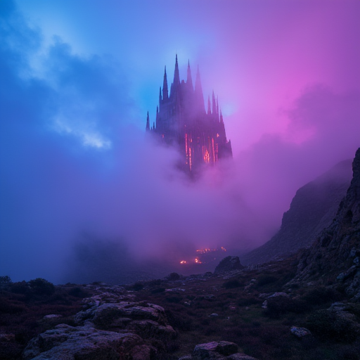 A wide-screen landscape on another planet, enveloped in a dense, neon-colored fog that blankets the entire scene with a surreal, glowing haze. The fog pulses in shades of electric blue, pink, and purple, casting an otherworldly light across the terrain. Jagged, alien rock formations rise from the ground, their sharp edges softened by the mist. The landscape is barren, with patches of luminous vegetation glowing faintly in the distance, adding an ethereal quality to the alien world.  In the center of the scene, towering above the mist, is a highly detailed sci-fi structure that vaguely resembles medieval architecture. The building is dark, sleek, and futuristic, with sharp, angular lines and glowing neon accents that contrast sharply with the surrounding fog. It has tall, spire-like towers, gothic arches, and intricate, metallic textures that evoke a sense of ancient grandeur, yet with a distinctly technological and alien design. The building stands as a monolithic symbol of both the past and the future, surrounded by the eerie, glowing landscape.
