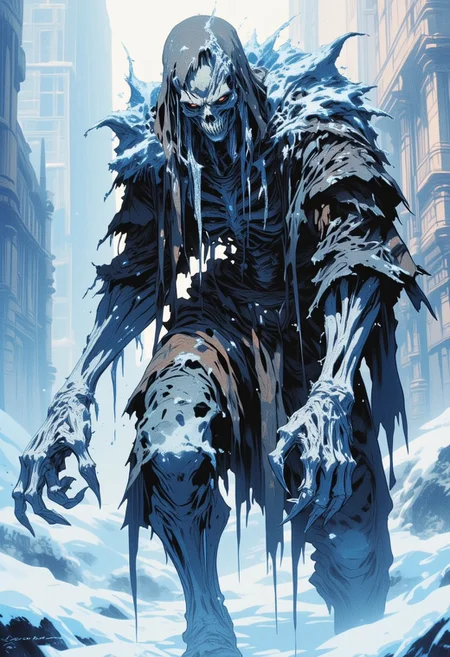 A clumsy walking skeleton undead, barely covered in tattered rags and encrusted with ice crystals, reaching out with bony claws, snow background