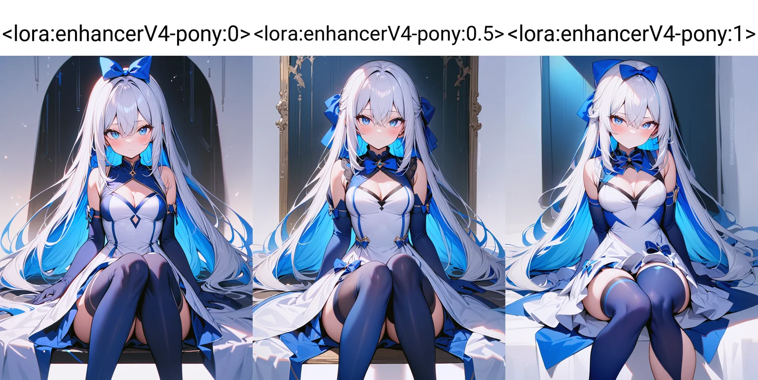 masterpiece,best quality,very aesthetic,absurdres,1girl,blue bow,blue dress,blue eyes,blue gloves,blue hair,blue thighhighs,blush,bow,breasts,cleavage,cleavage cutout,closed mouth,clothing cutout,colored inner hair,dress,elbow gloves,feet out of frame,gloves,hair between eyes,hair bow,knees together feet apart,long hair,looking at viewer,multicolored hair,sidelocks,single thighhigh,sleeveless,sleeveless dress,small breasts,solo,straight hair,thighhighs,two-tone dress,very long hair,watermark,white dress,white hair,zettai ryouiki,<lora:enhancerV4-pony:0>,