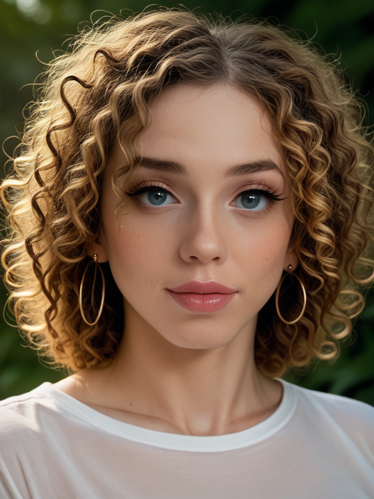 score_9, score_8_up, score_7_up,  LilyDemure33, Lily Demure, <lora:LilyDemure33-pony:1>, 1girl, solo, portrait, shiny lipgloss, lips, vintage aesthetic, close-up, (fair skin), big hair, curly hair, tee shirt, lipstick, solo, blush, looking at viewer, bokeh, focus, film, velvia, film grain, best quality, photograph, focus, earrings, garden