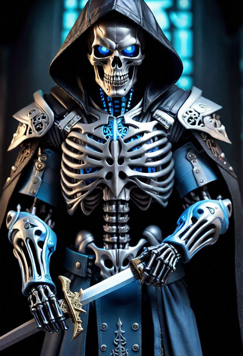 (masterpiece:1.2), best quality, high resolution, perfect lighting, extremely detailed, (Terminator assasin),  battle scared white and black carbon armor,  Wearing a dark cloak with hood, skull face just visable under hood, (very dim light blue eyes, eyes very dim blue glow), (full_armor fitted like a skeleton ribs design), humanoid, Metal Human skull head, (extreme detailed micro mechcanical scary Metal human skull design). Samurai sword shinning silver, Runes decorative embossments over his cloak, slim muscular body fast agile and stealthy, background a dark back street with subtle lighting and shadows, facing viewer, solo, Hired Cyborg Assasin