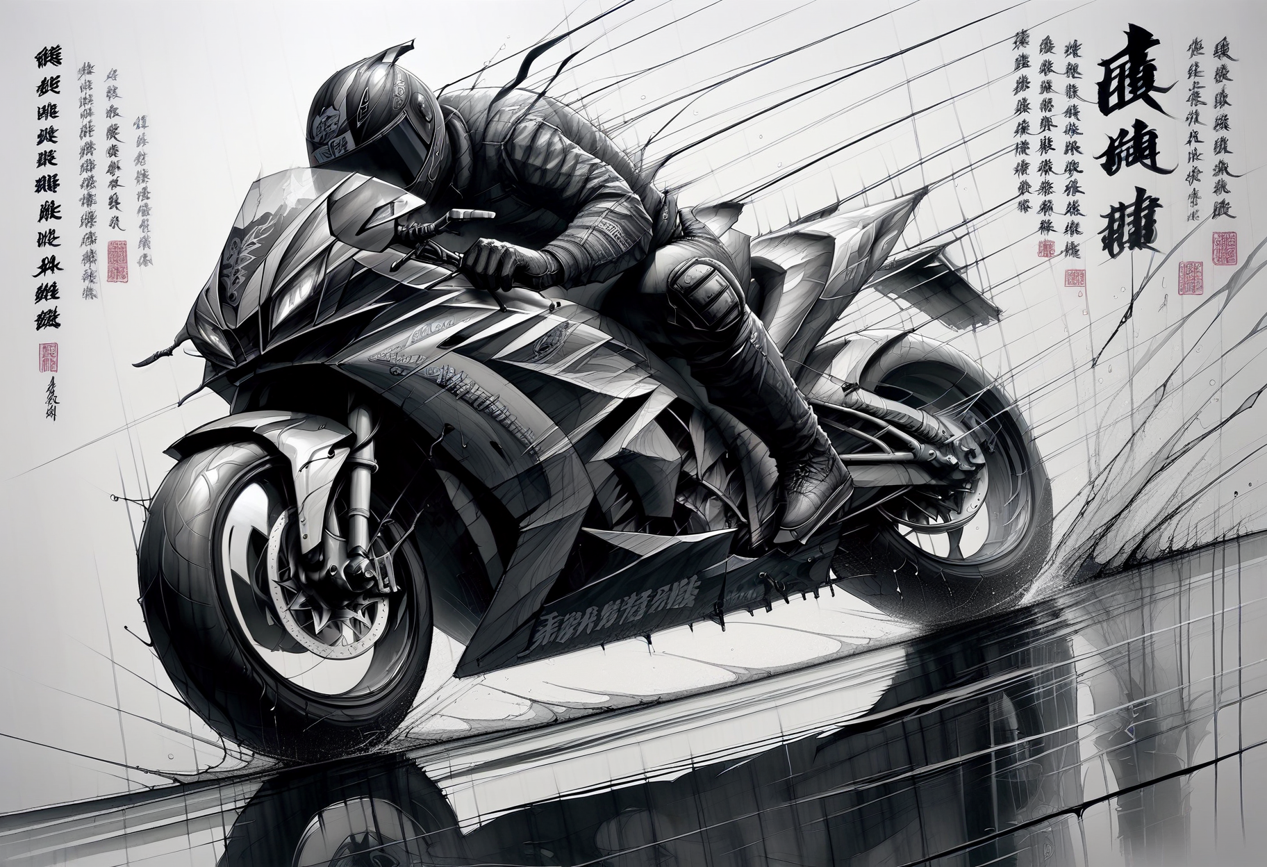 score_9, score_8_up, score_7_up, score_9, <lora:cllgrphy_pdxl_EliPot:1> monochrome, chinese text, 
 motor vehicle, motorcycle helmet, on motorcycle, traditional chinese text, armor, male focus, 1boy, riding, boots, knee pads, spot color, speed lines, 1other, biker clothes, gloves, motion blur, ambiguous gender, from side, white background, full body, reflection, simple background, sitting, covered face, dutch angle, bikesuit