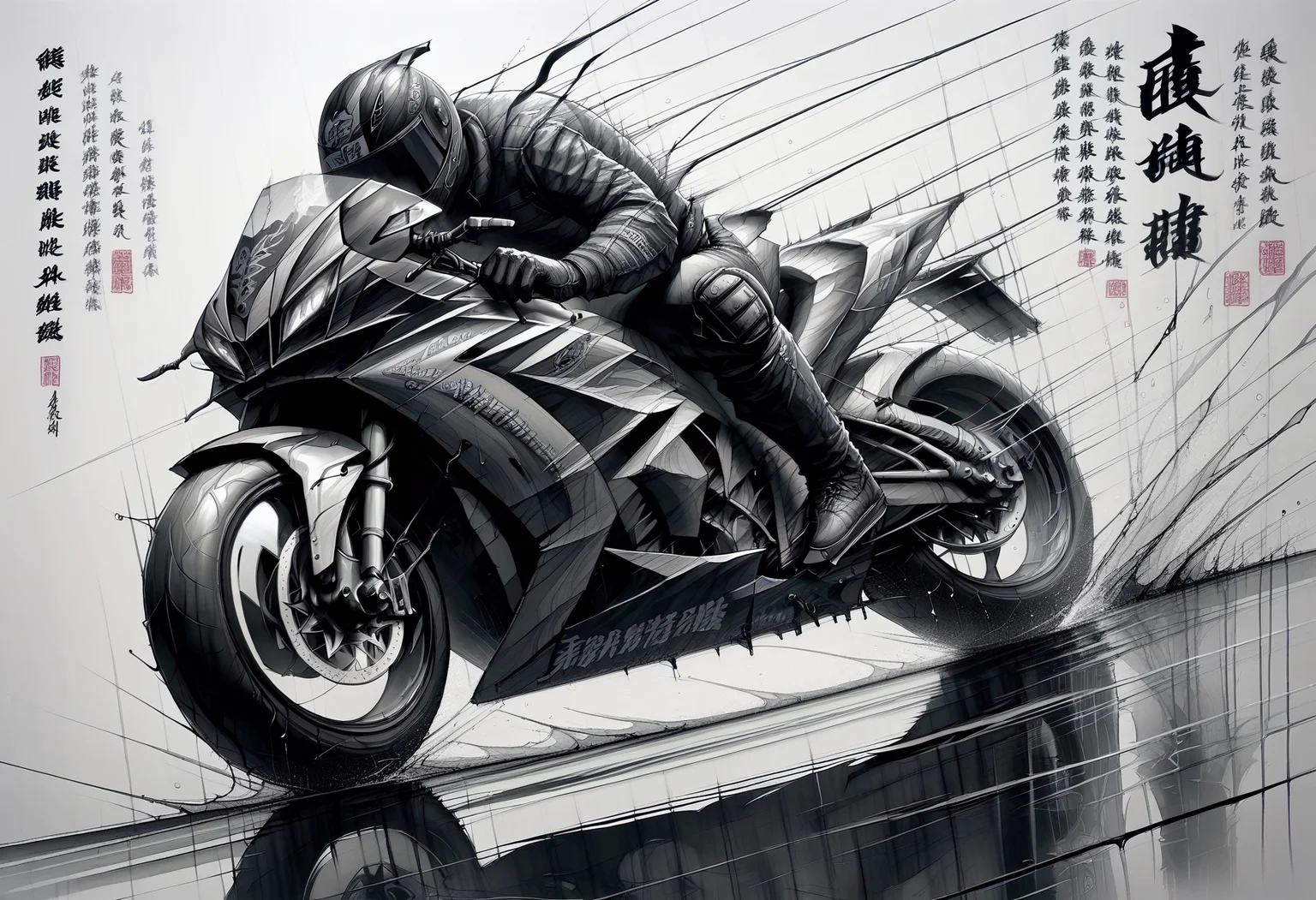 score_9, score_8_up, score_7_up, score_9, <lora:cllgrphy_pdxl_EliPot:1> monochrome, chinese text, 
 motor vehicle, motorcycle helmet, on motorcycle, traditional chinese text, armor, male focus, 1boy, riding, boots, knee pads, spot color, speed lines, 1other, biker clothes, gloves, motion blur, ambiguous gender, from side, white background, full body, reflection, simple background, sitting, covered face, dutch angle, bikesuit