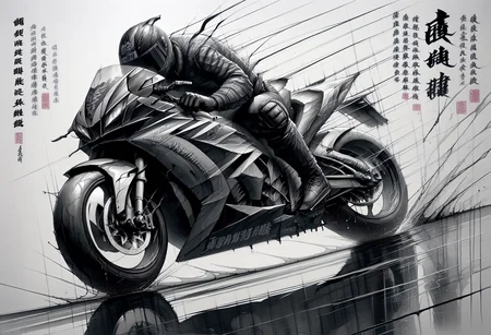 score_9, score_8_up, score_7_up, score_9, <lora:cllgrphy_pdxl_EliPot:1> monochrome, chinese text, 
 motor vehicle, motorcycle helmet, on motorcycle, traditional chinese text, armor, male focus, 1boy, riding, boots, knee pads, spot color, speed lines, 1other, biker clothes, gloves, motion blur, ambiguous gender, from side, white background, full body, reflection, simple background, sitting, covered face, dutch angle, bikesuit
