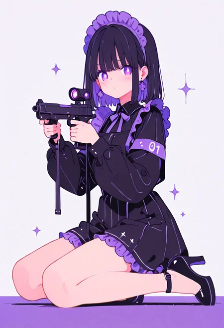 The image features a person dressed in a striking contrast of gothic attire, combining elements of a traditional maid outfit with modern tactical elements. The outfit is predominantly black and white, with intricate details like lace and frills. The individual is posed in a kneeling position, aiming what appears to be a replica firearm, adopting a focused and serious expression. 
The background showcases a modern urban environment, hinting at a convention or photoshoot setting. The person's outfit is complemented by stylish black heels, adding a unique flair to the look. Overall, the image captures a blend of elegance and intensity, merging classic aesthetics with contemporary themes.