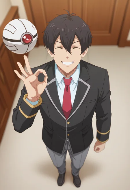 masterpiece, best quality, amazing quality,high resolution,intricate details,official style,depth of field,anime screencap , , , 1boy, solo, male focus,  <lora:Leon_Fou_Bartfort:0.85>,leon fou batfort,black hair,black eyes,short hair,looking at viewer,smile,teeth,grin,^ ^,hair between eyes,red necktie,white shirt,collared shirt,jacket,full body,indoors,pants,school uniform,ok sign, black jacket,white robot,small ball,red lens,artificial,parody,from above,