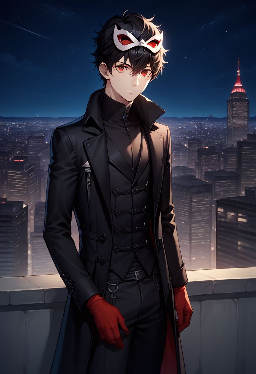score_9, score_8_up, source_anime, highly detailed, 1boy, solo, male_focus, slender, skinny, 
ren, 1boy, black hair, male focus, gloves, red gloves, mask, solo, red eyes, night,
sky, looking at viewer, building, night sky, outdoors, city, black coat,
outside,