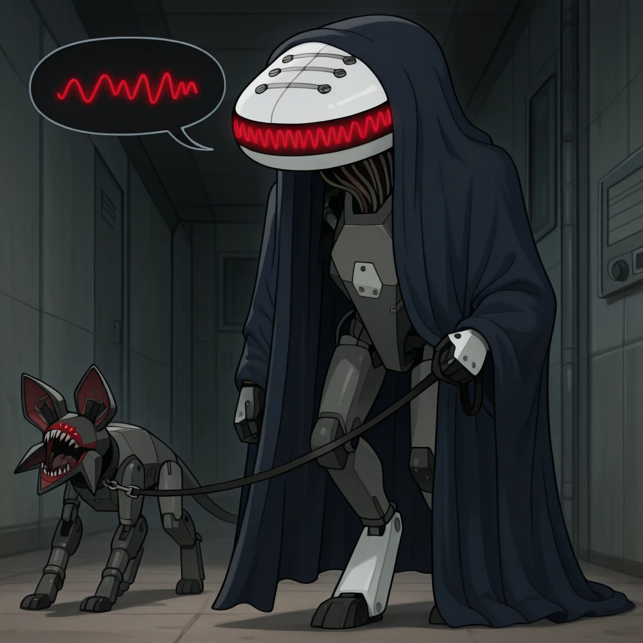 toon \(style\), ultra detailed, raytracing, masterpiece, best quality, highres, absurdres, from front, walking to viewer, 2others, itcond1, robot, big white head, blue cape, hood up, (no eyes, no mouth:1.5), neck of wires, glowing red waveform facial mark, pet collared demogorgon, leash, speech bubble, <lora:itcond1illu_ep10:1>, <lora:pet_collared_demogorgon_leash:1>