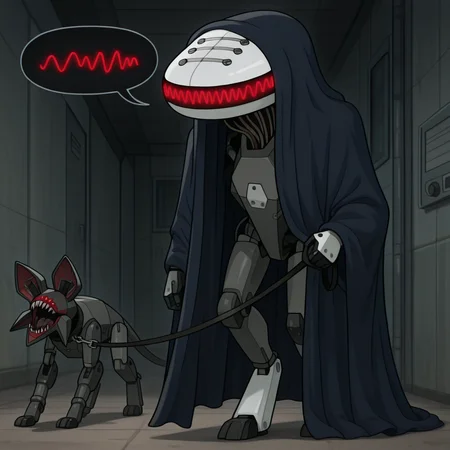 toon \(style\), ultra detailed, raytracing, masterpiece, best quality, highres, absurdres, from front, walking to viewer, 2others, itcond1, robot, big white head, blue cape, hood up, (no eyes, no mouth:1.5), neck of wires, glowing red waveform facial mark, pet collared demogorgon, leash, speech bubble, <lora:itcond1illu_ep10:1>, <lora:pet_collared_demogorgon_leash:1>