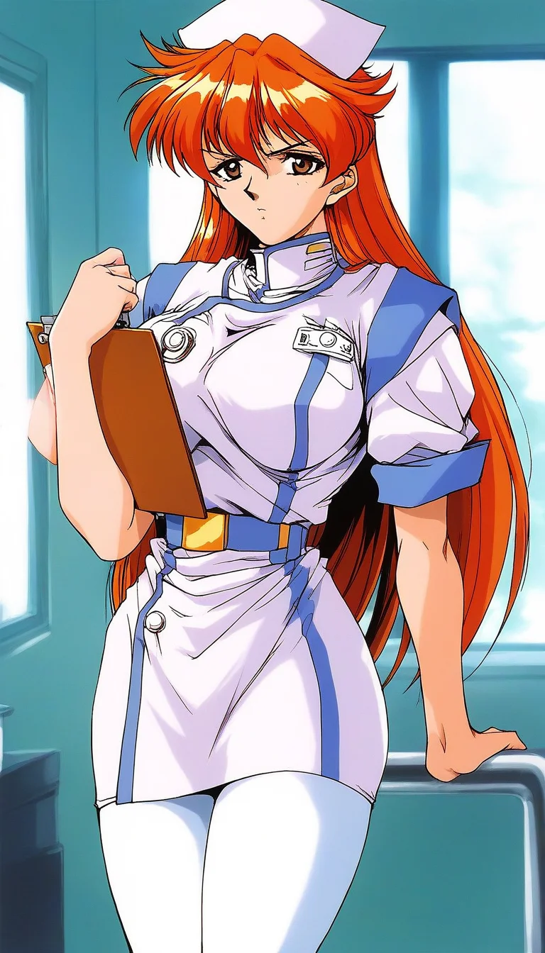 score_9, score_8_up, score_7_up, source_anime, rating_explicit, BREAK <lora:Nogiwa_Miho_OVA_XL:1>Nogiwa_Miho_OVA, long hair, orange hair, bangs, brown eyes, large breasts, 1990s (style)
1girl, solo, nurse, hat, pantyhose, clipboard, nurse cap, serious,
holding, looking at viewer, white pantyhose, belt, short sleeves,