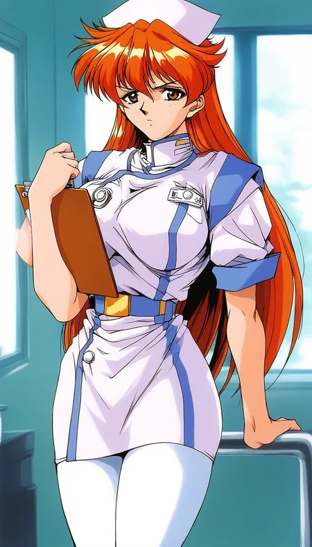 score_9, score_8_up, score_7_up, source_anime, rating_explicit, BREAK <lora:Nogiwa_Miho_OVA_XL:1>Nogiwa_Miho_OVA, long hair, orange hair, bangs, brown eyes, large breasts, 1990s (style)
1girl, solo, nurse, hat, pantyhose, clipboard, nurse cap, serious,
holding, looking at viewer, white pantyhose, belt, short sleeves,