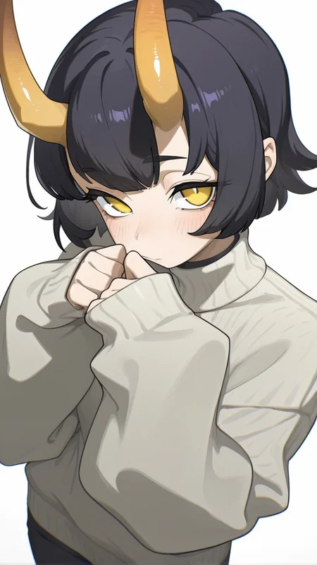 1girl, solo, looking_at_viewer, blush, short_hair, bangs, simple_background, black_hair, long_sleeves, white_background, closed_mouth, yellow_eyes, cowboy_shot, horns, sweater, sleeves_past_wrists, turtleneck, oni_horns, oni